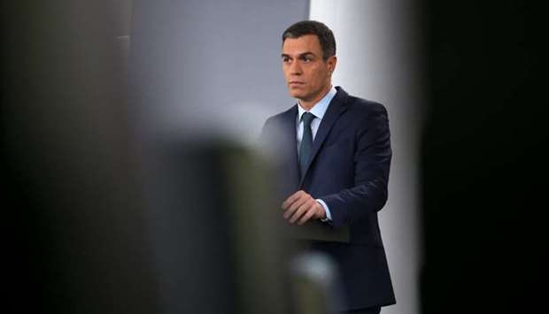 Spain's Prime Minister Pedro Sanchez delivers an official statement on the government's position on the political crisis in Venezuela, in Madrid, Spain