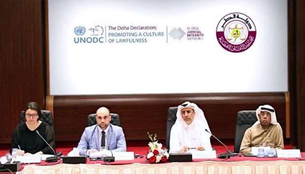 HE the Chairman of the Supreme Judicial Council Dr Hassan Lahdan Saqr al-Mohannadi attending the consultative meeting between the SJC and the United Nations Office on Drugs and Crime (UNODC).