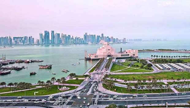 A view of the Museum of Islamic Art with the West Bay skyline in the background.rnrn
