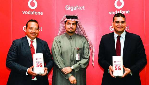 Vodafone Qatar chief executive officer Sheikh Hamad Abdulla Jassim al-Thani (centre) with Camberos (left) and Boctor at a media event at the Four Seasons Doha. Picture: Noushad Thekkayil