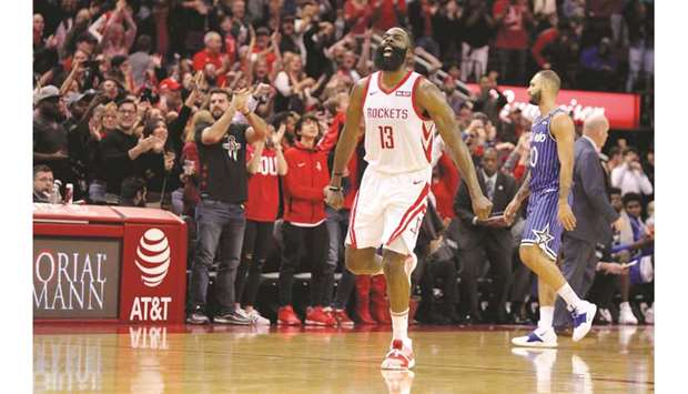 Houston Rockets guard James Harden (13) celebrates a basket against the Orlando Magic  during the fourth quarter of their game on Sunday. PICTURE: Erik Williams-USA TODAY Sports