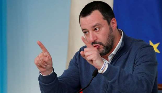 Italy's Interior Minister Matteo Salvini gestures as he attends a news conference in Rome, Italy, January 14.