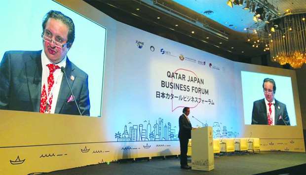 Sheikh Khalifa delivering his speech at the u2018Qatar-Japan Business Forumu2019 in Tokyo