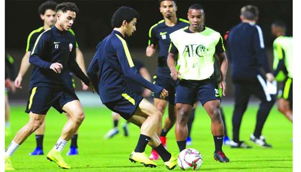Qatar players take part in a training session ahead of their Asian Cup final against Japan on Friday. The final will be played in Abu Dhabi, with Qatar targeting their first-ever Asian Cup title and continental giants Japan their fifth. The match will be played at 5pm Qatar time.