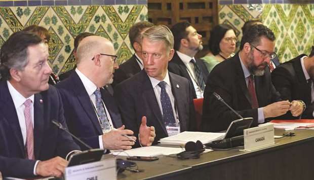 Chileu2019s Foreign Minister Roberto Ampuero, Canadau2019s Parliamentary Secretary to the Minister of Foreign Affairs Andrew Leslie and Brazilu2019s Foreign Minister Ernesto Araujo attend a meeting of the Lima Group to discuss Venezuelau2019s situation and the inauguration of President Nicolas Madurou2019s second term, in Lima yesterday.