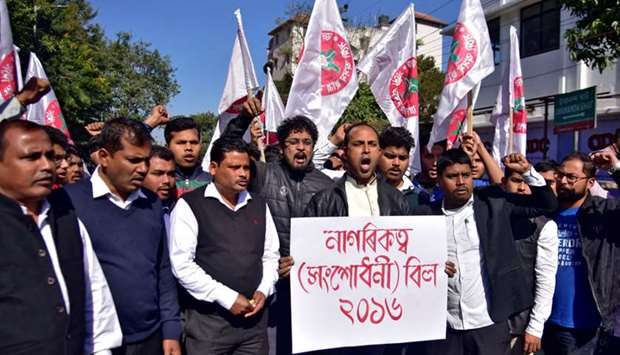 Activists from the All Assam Students Union (AASU) shout slogans during a protest against the government's bid to pass a bill in parliament to give citizenship to non-Muslims from neighbouring countries, in Guwahati. Reuters