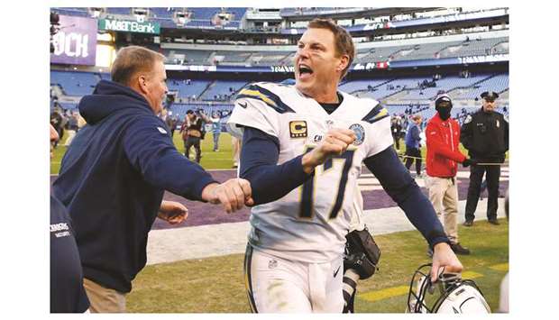 Los Angeles Chargers quarterback Philip Rivers celebrates while leaving the field after the Chargersu2019 game against the Baltimore Ravens in an AFC Wild Card playoff game at M&T Bank Stadium. PICTURE: USA TODAY Sports