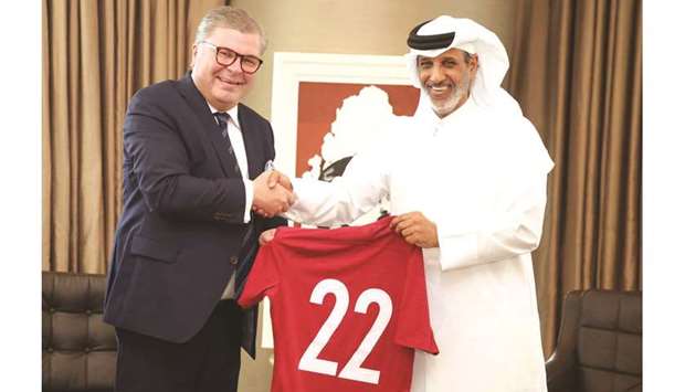 Qatar Football Association (QFA) president Sheikh Hamad bin Khalifa bin Ahmed  al-Thani with Football Association of Finland president Ari Lahti.