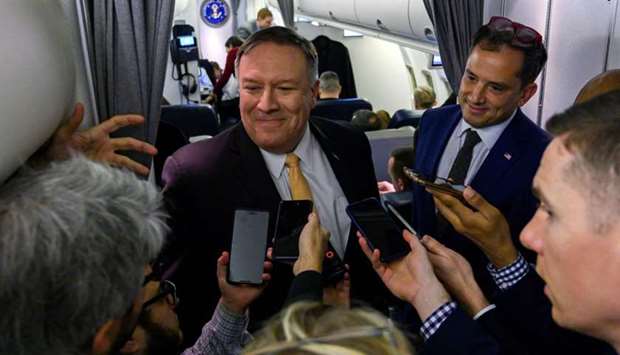 US Secretary of State Mike Pompeo speaks with the press on as he flies to the Middle East yesterday.