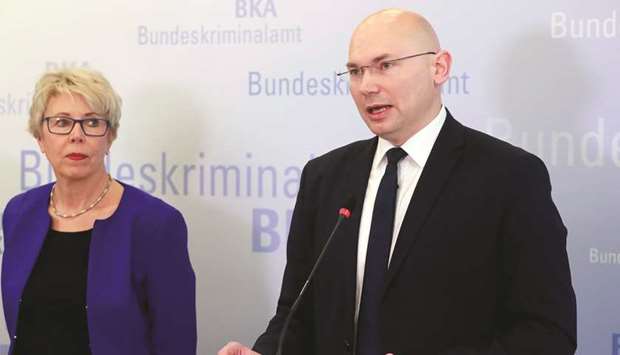 Sabine Vogt (left) of Germanyu2019s federal criminal police BKA and prosecutor Georg Ungefuk address the media in the case of an arrested 20-year-old man in connection with a data breach affecting hundreds of politicians during a news conference at the BKA headquarters in Wiesbaden, yesterday.