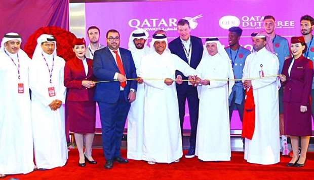 Al-Baker and Sheikh Saoud with FC Bayern Mu00fcnchen players Coman, Hummels and Su00fcle and Arenas (Al Sadd Sports Club) among other dignitaries during the unveiling of Qatar Airways' first-ever brand shop at the Hamad International Airport (HIA). Picture: Jayan Orma