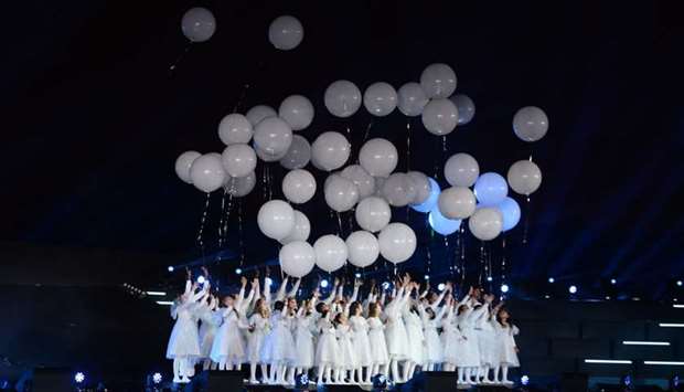 A group of children releasing balloons at the show Friday. PICTURE: Shaji Kayamkulam