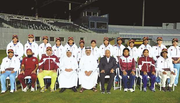 Qatar Cricket Association President Yousef Jeham al-Kuwari (centre) poses with the Qatar womenu2019s national team and officials ahead of the Four-Nation Womenu2019s T20 International Tournament.