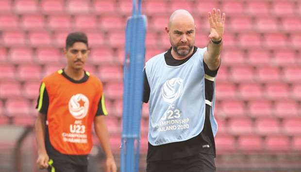 Qatar coach Felix Sanchez gestures during a training session on the eve of the AFC U-23 Championship match against Saudi Arabia.