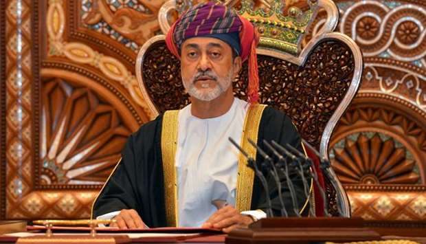 Sultan Haitham bin Tariq, speaks during a swearing in ceremony as Oman's new leader in Muscat Saturday