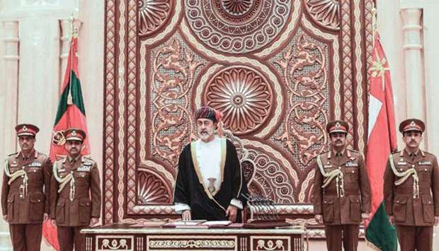 Oman's Sultan Haitham bin Tariq, speaks during a swearing in ceremony as Oman's new leader
