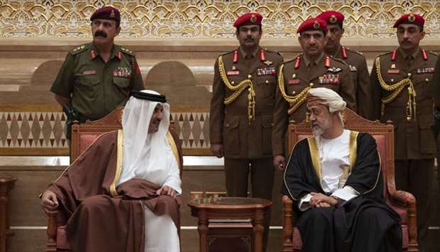 His Highness the Amir Sheikh Tamim bin Hamad al-Thani offering his condolences to Sultan Haitham bin Tariq al-Said of Oman on the death of Sultan Qaboos bin Said bin Taimur, at Al Alam Palace in Muscat
