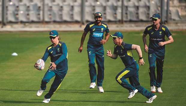 Members of Australia team seen during a training session at Wankhede Stadium in Mumbai yesterday. (AFP)