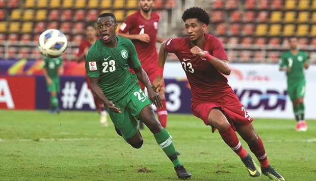Qatar and Saudi Arabia players in action during their Group u2018Bu2019 match at the AFC U-23 Championship yesterday.
