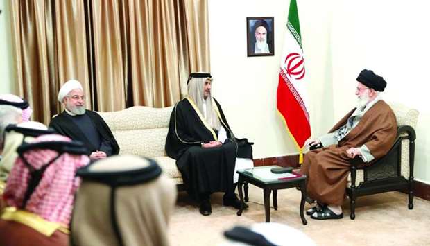 His Highness the Amir Sheikh Tamim bin Hamad al-Thani meeting the Supreme Leader of Iran, Ali Khamenei, in Tehran