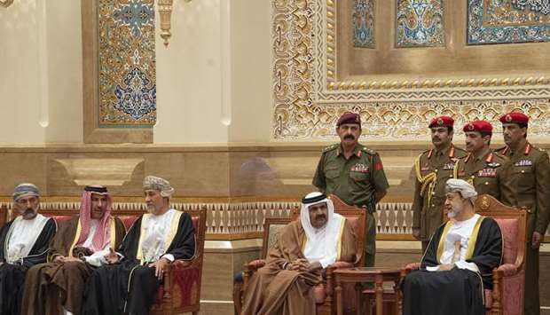 His Highness the Father Amir Sheikh Hamad bin Khalifa Al-Thani offers condolences to Sultan Haitham bin Tariq bin Taimur of the Sultanate of Oman at Al Alam Palace in Muscat