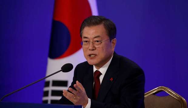 South Korean President Moon Jae-in speaks during his New Year press conference at the presidential Blue House in Seoul, South Korea