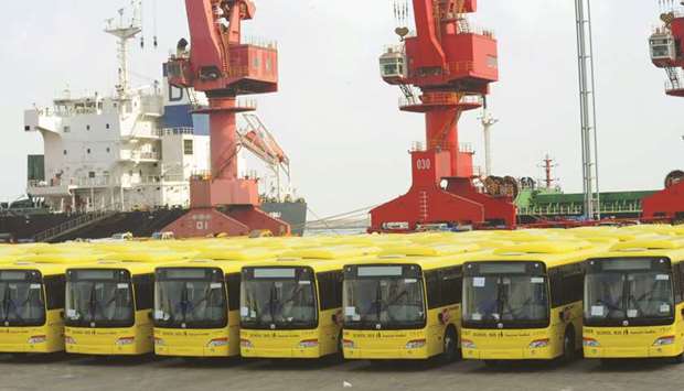 Buses wait to be exported in Lianyungang port. Chinau2019s exports to the US fell 12.5% in 2019, compared with a rise of 11.3% in 2018.