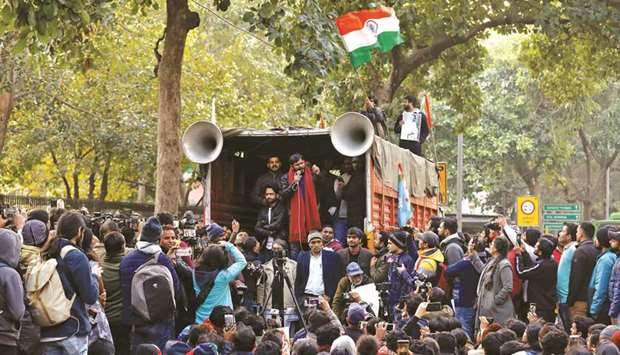 Indiau2019s left-wing youth leader Kanhaiya Kumar addresses people during a protest against the attacks on the students of Jawaharlal Nehru University (JNU), in New Delhi, India, January 9, 2020.