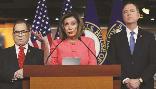 House Speaker Nancy Pelosi announcing yesterday at the US Capitol in Washington, DC, that Representatives Jerrold Nadler (left) and Adam Schiff will lead the seven managers of the Senate impeachment trial of President Donald Trump.