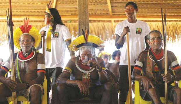 Indigenous leader Cacique Raoni, of the Kayapo tribe, attends a four-day pow wow in Piaracu village, in Xingu Indigenous Park, near Sao Jose do Xingu, Mato Grosso state, Brazil.