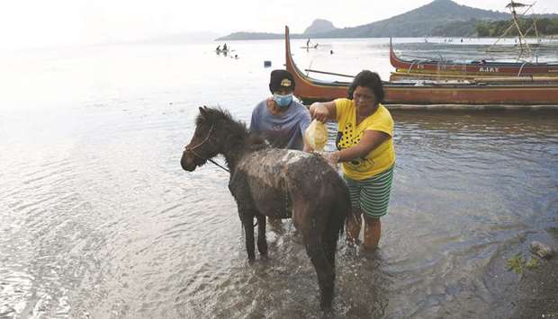 Residents living at the foot of Taal volcano wash their volcanic ash-covered horses after rescuing them from their homes and transporting them to Balete town, Batangas province, south of Manila.