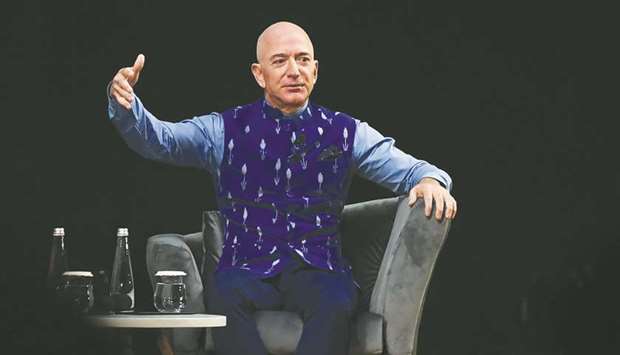 CEO of Amazon Jeff Bezos gestures as he addresses the companyu2019s annual Smbhav event in New Delhi yesterday. Bezos highlighted Indiau2019s growing importance, saying u201cthe 21st century will be the Indian centuryu201d and that the US-India alliance will be the most important.