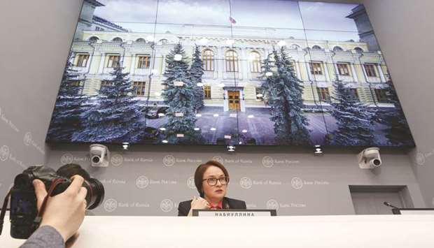Elvira Nabiullina, governor of Russiau2019s central bank, speaks during a news conference in Moscow.