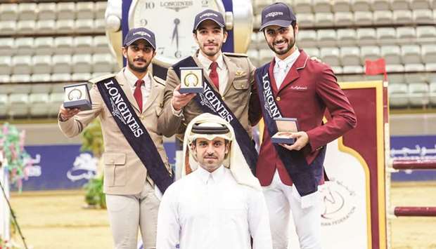 Badr al-Darwish, Organising Committee Member, Al Sahqab Showjumping Competition, with Big Tour podium finishers Salman Mohamed al-Emadi, Salmeen Sultan al-Suwaidi and Nasser al-Ghazali.