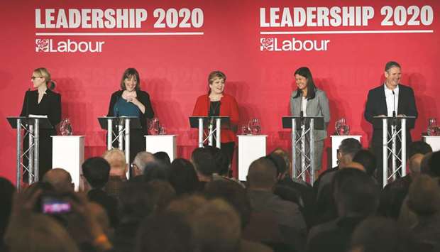 British Labour leadership candidates u2013 Rebecca Long-Bailey, Jess Phillips, Emily Thornberry, Lisa Nandy and Keir Starmer u2013 gesture on the podium prior to setting out their vision for the party during the Leader hustings event in Liverpool.
