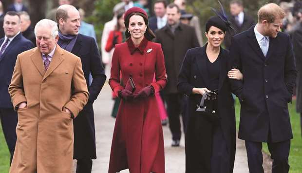 This file photo taken on December 25, 2018 shows Catherine, the Duchess of Cambridge, and Meghan, the Duchess of Sussex, arriving for the Royal Familyu2019s traditional Christmas Day service at St Mary Magdalene Church in Sandringham, Norfolk, eastern England.