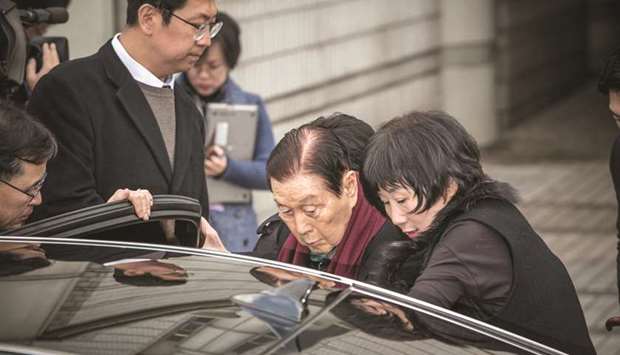 Shin Kyuk-ho, founder of Lotte Group (centre), is assisted into a car as he leaves the Seoul Central District Court in Seoul in December 2017. Shin had been hospitalised in Seoul to get medical treatment for various age-related symptoms and passed away yesterday at 4:29pm, Lotte Group said in a statement.