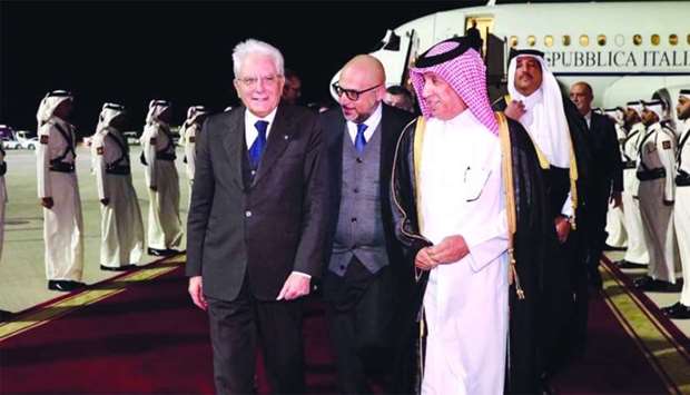 Italian President Sergio Mattarella being received upon arrival at Hamad International Airport by HE the Minister of State for Foreign Affairs Sultan bin Saad al-Muraikhi
