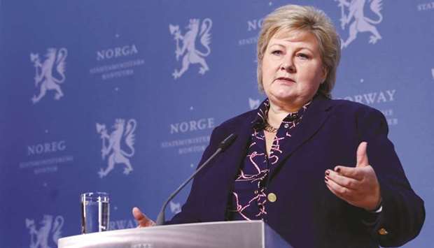 Solberg speaking yesterday during a news conference in Oslo following the collapse of her government coalition.