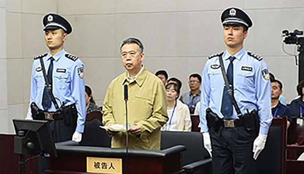 Former Interpol chief Meng Hongwei (C) during his trial at the court in the Chinese city of Tianjin on June 20, 2019. AFP/Tianjin No. 1 Intermediate Court.