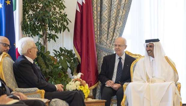 His Highness the Amir Sheikh Tamim bin Hamad Al-Thani and Sergio Mattarella, the president of the Italian Republic, hold talks