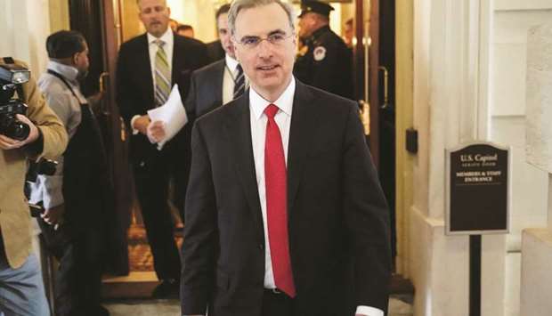 FILE PHOTO: White House Counsel Pat Cipollone departs after meeting with Senate Republicans on Capitol Hill in Washington, US, on December 4, 2019.