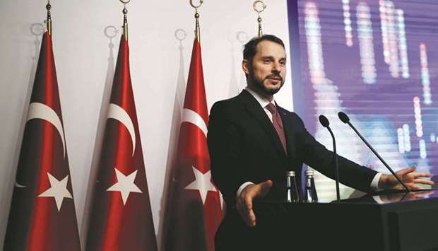 Turkish Treasury and Finance Minister Berat Albayrak speaks during a presentation in Istanbul (file).