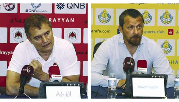 Al Rayyan coach Diego Aguirre (left) and his Al Gharafa counterpart Slavisa Jokanovic speak to the media ahead of their QNB Stars League match. PICTURES: Anas al-Samaraee