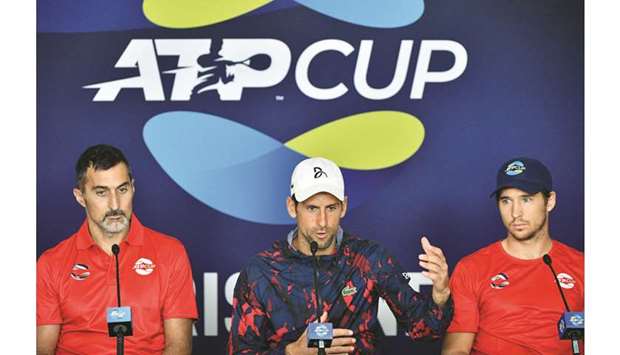 Serbian player Novak Djokovic addresses a press conference ahead of the ATP Cup in Brisbane, Australia, yesterday. (AFP)