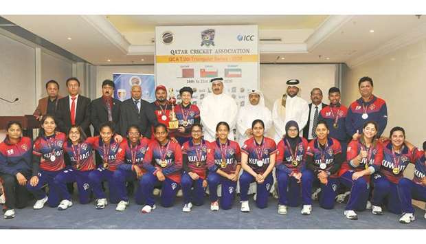 Kuwait team players and QCA officials after the prize distribution ceremony of the QCA Womenu2019s T20I Cricket Tournament on Tuesday.