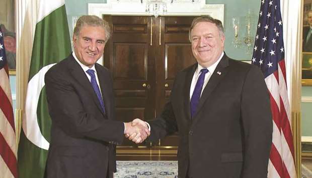 PEACE DRIVE: Foreign Minister Shah Mehmood Qureshi, left, with US Secretary of State Mike Pompeo in Washington DC last week as part of Islamabadu2019s peace initiative.