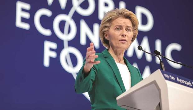 Ursula von der Leyen, president of the European Commission, delivers a speech during a special address on day two of the World Economic Forum (WEF) in Davos yesterday.