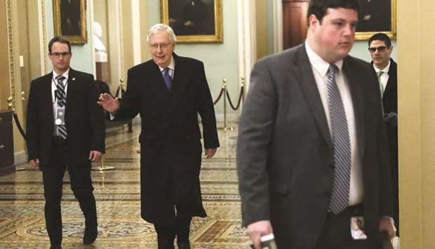 Senate Majority Leader Sen Mitch McConnell arrives at the US Capitol yesterday. Republicans and Democrats battled over summoning high-level White House witnesses on Tuesday in a marathon first day of arguments in President Donald Trumpu2019s trial for abuse of power.