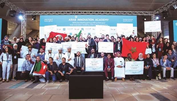 The participants of this yearu2019s Arab Innovation Academy with their coaches and mentors.
